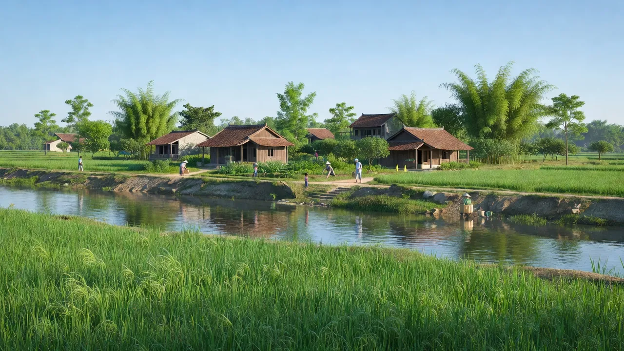 Cảnh quan nông thôn đẹp tại xã Ngọc Tảo, Phúc Thọ, Hà Nội với cánh đồng và đê điều.