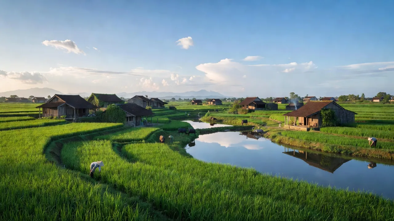 Cảnh đồng xanh tươi và nhà truyền thống ở xã Phúc Hòa, huyện Phúc Thọ, Hà Nội.