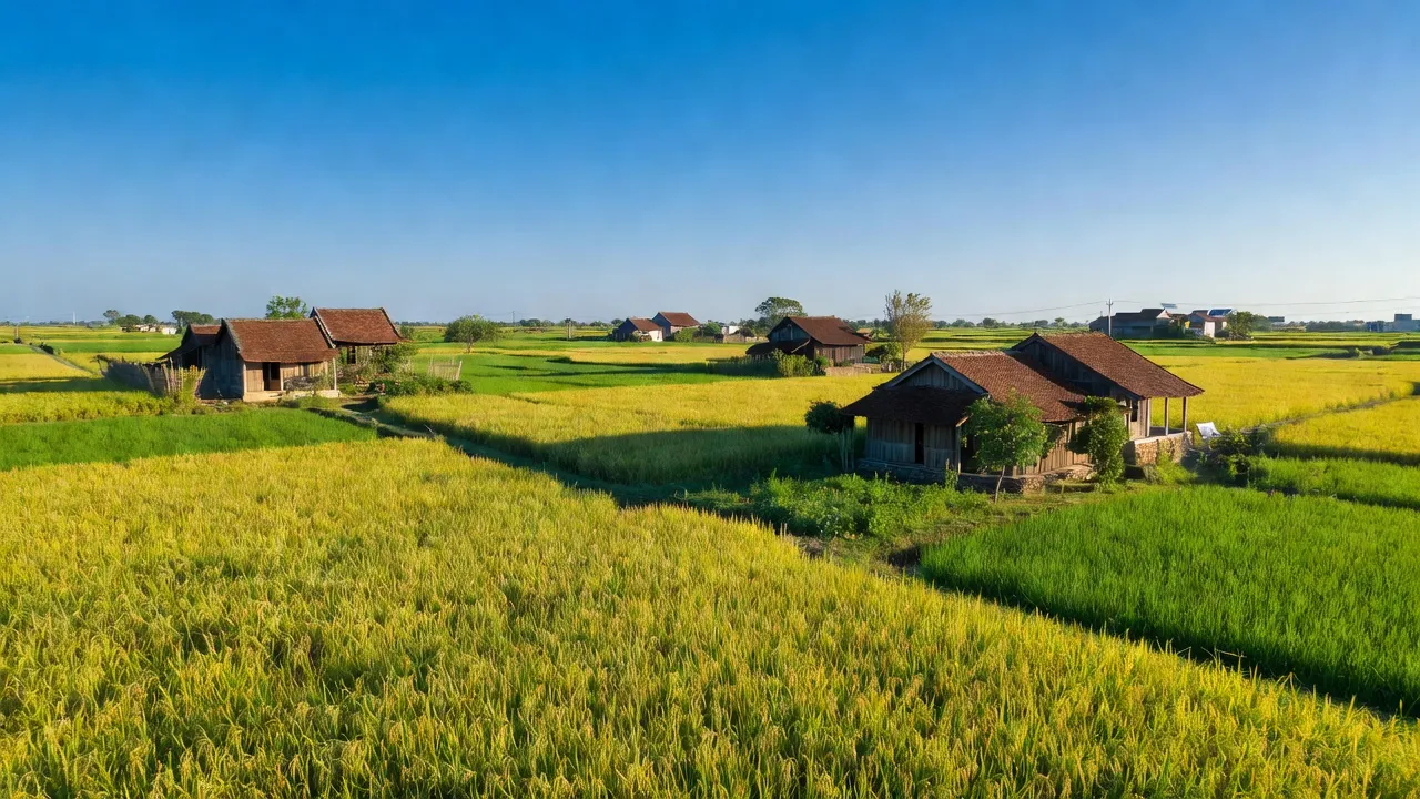Cánh đồng lúa chín và nhà truyền thống tại Xã Phụng Thượng, Huyện Phúc Thọ, Hà Nội.