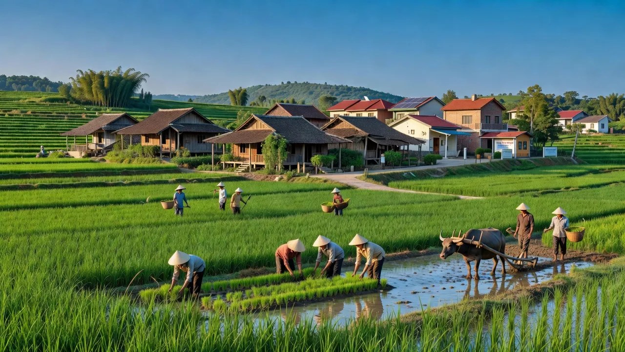 Cảnh đồng xanh và nhà truyền thống ở Xã Phụng Thượng, huyện Phúc Thọ, Hà Nội, đất nông nghiệp.