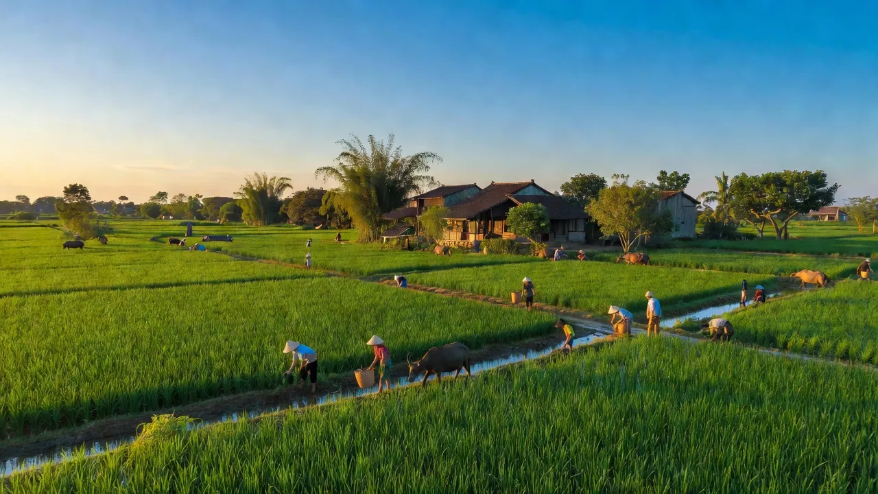 Cảnh đẹp xã Sen Phương, huyện Phúc Thọ, Hà Nội với cánh đồng xanh, nhà truyền thống và người dân