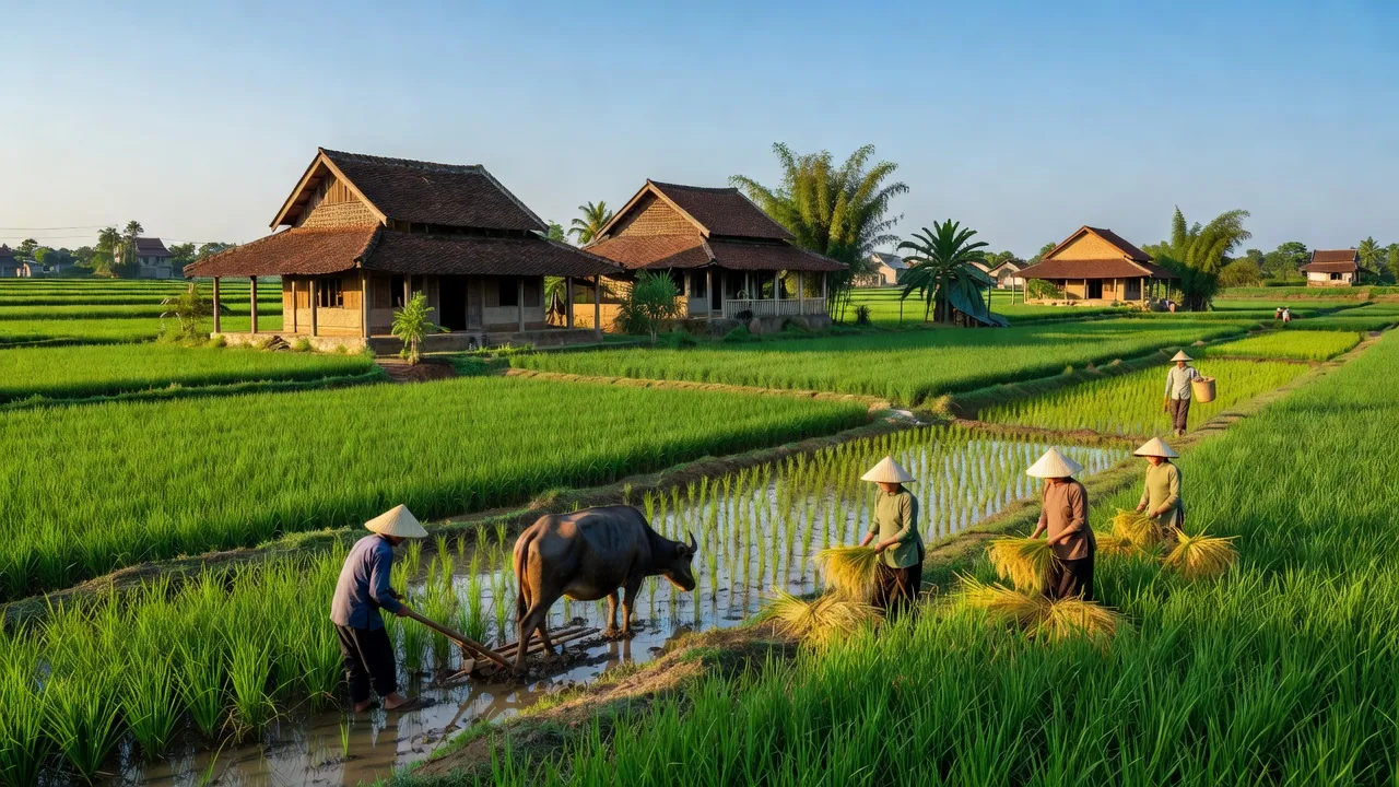 Cảnh đồng quê tại xã Sen Phương, huyện Phúc Thọ, Hà Nội với những cánh đồng xanh và nhà truyền thống.