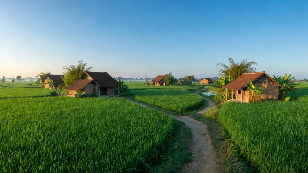Cảnh đẹp xã Tam Thuấn, huyện Phúc Thọ, Hà Nội với đồng xanh và nhà truyền thống.