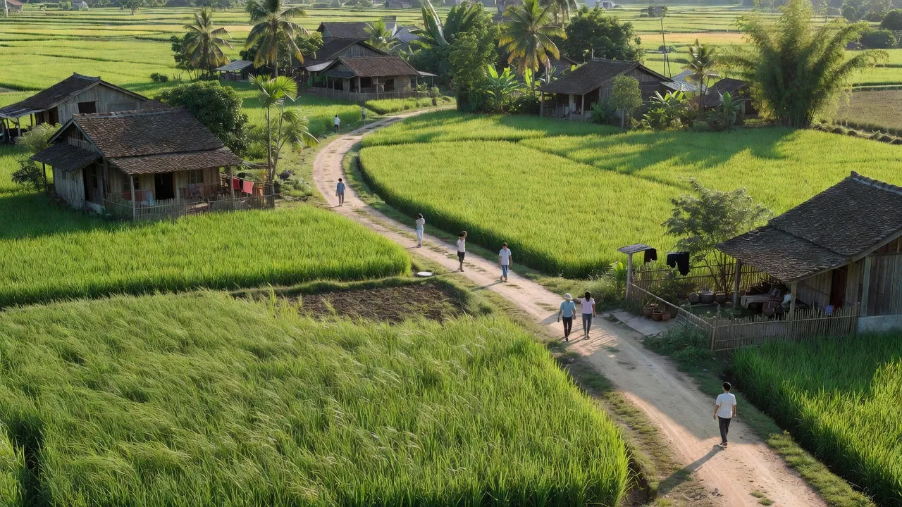 Khung cảnh đồng quê Xã Tam Thuấn, Huyện Phúc Thọ, gần trung tâm Hà Nội, với cánh đồng xanh và nhà dân.