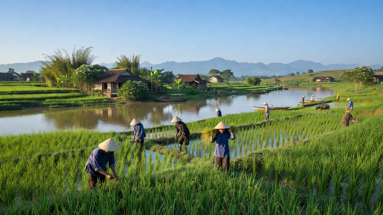 Cảnh quan yên bình xã Thanh Đa, huyện Phúc Thọ, Hà Nội với ruộng xanh và sông Hồng.