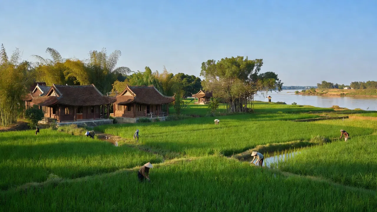 Cảnh quan yên bình xã Thanh Đa, huyện Phúc Thọ, Hà Nội với sông Hồng và cánh đồng xanh.