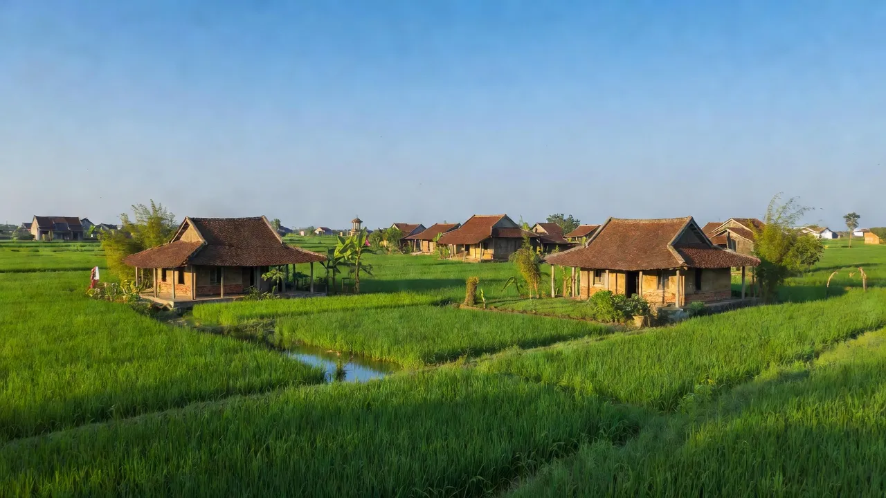 Khung cảnh xã Tích Lộc, huyện Phúc Thọ với cánh đồng xanh và nhà truyền thống, Hà Nội.