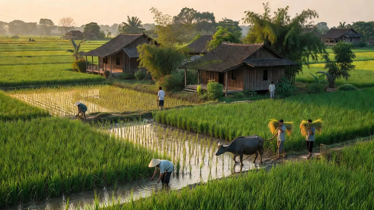 Khung cảnh thanh bình xã Trạch Mỹ Lộc, Phúc Thọ, Hà Nội với đồng ruộng và nhà truyền thống.