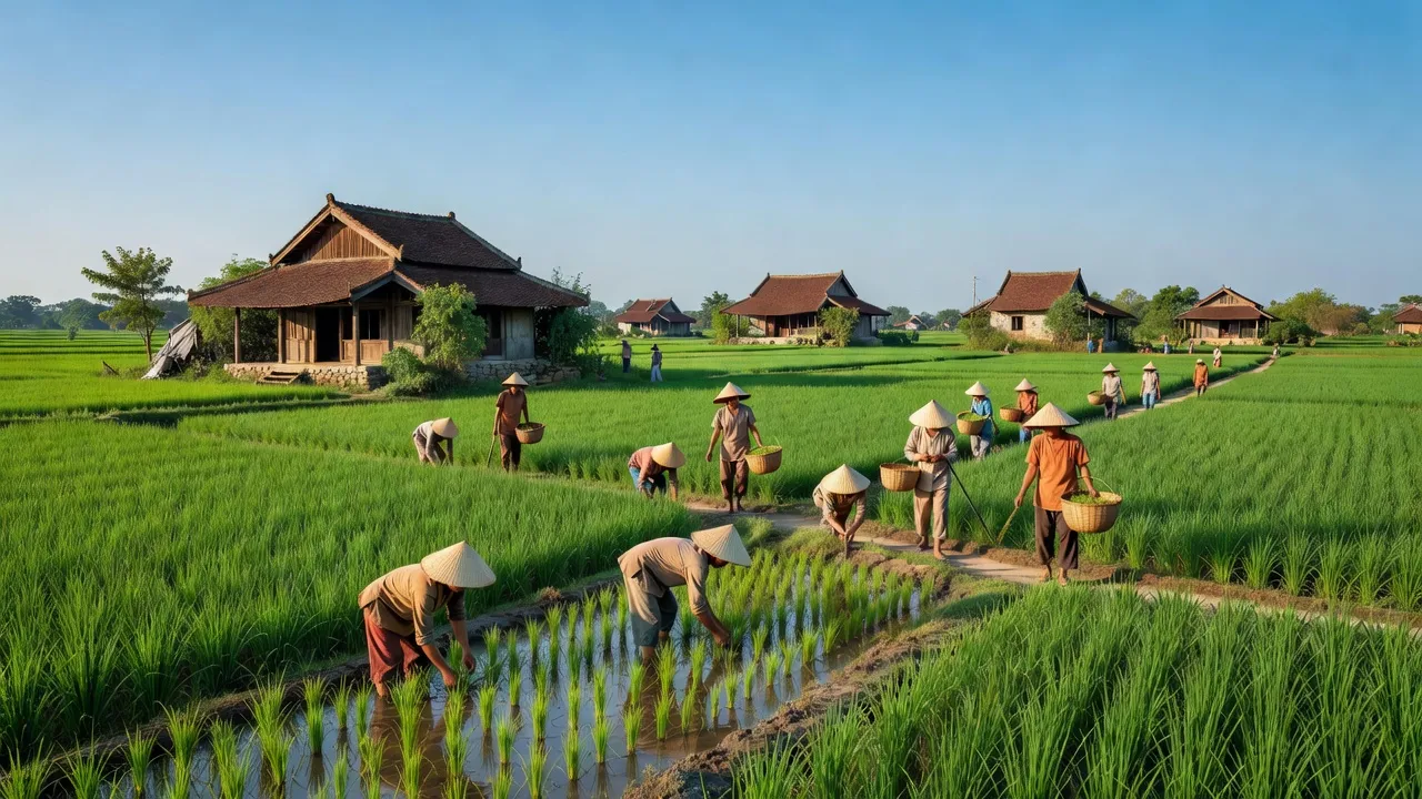 Khung cảnh xanh tươi của xã Trạch Mỹ Lộc, huyện Phúc Thọ, Hà Nội với cuộc sống nông thôn yên bình.