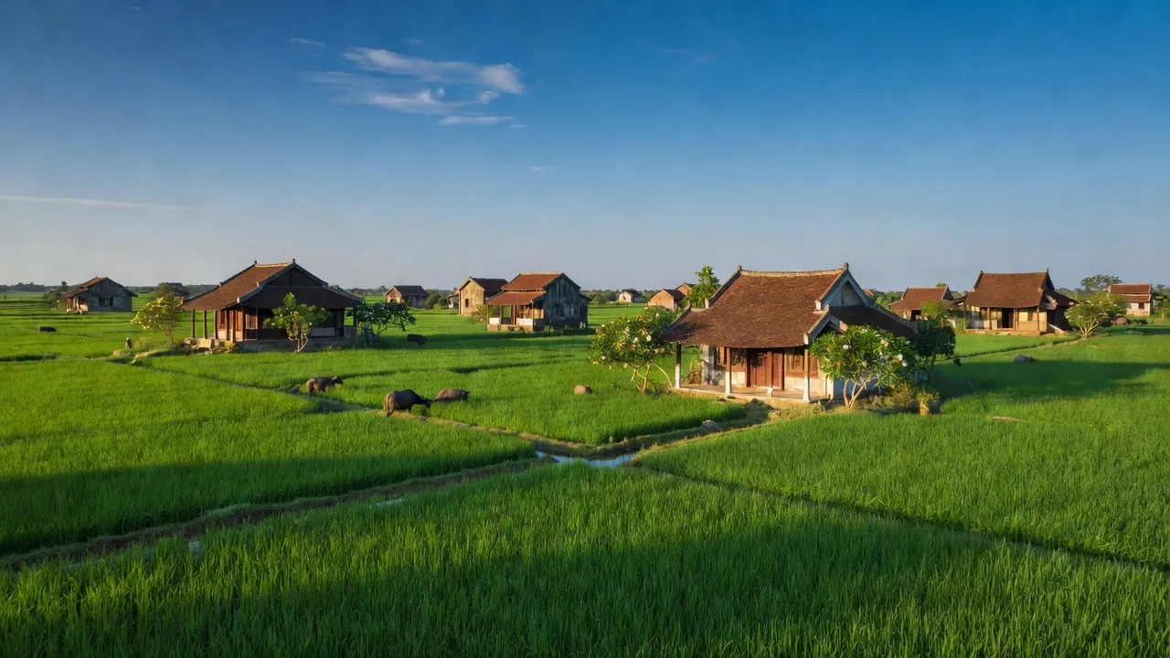 Cảnh đẹp Xã Vân Phúc, huyện Phúc Thọ, vùng nông thôn Hà Nội với nhà truyền thống và cánh đồng xanh.