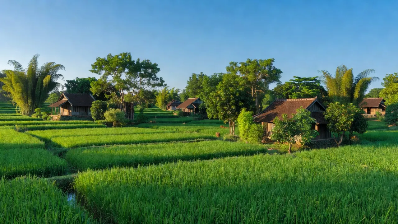 Khung cảnh yên bình xã Vân Phúc, huyện Phúc Thọ, Hà Nội với đồng xanh và nhà truyền thống.