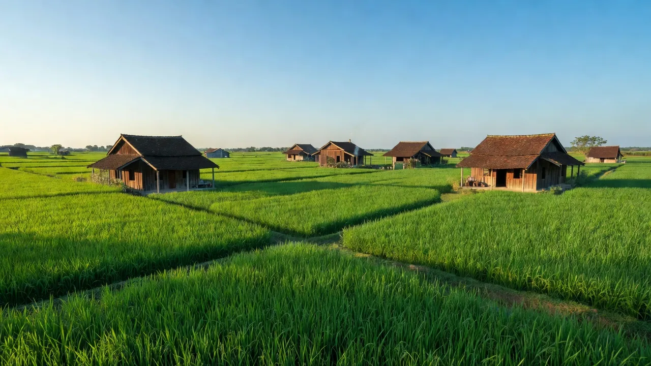 Khung cảnh nông thôn xã Võng Xuyên, huyện Phúc Thọ, Hà Nội với cánh đồng xanh và nhà truyền thống.