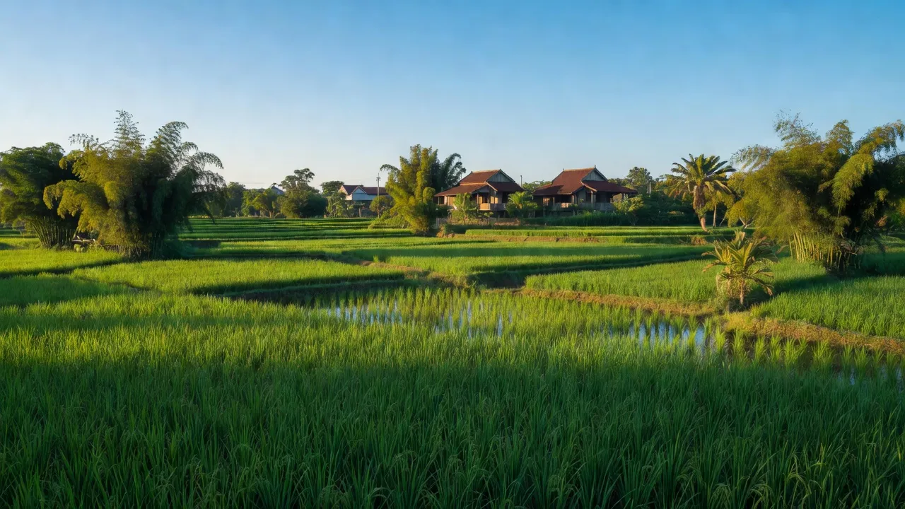 Cảnh đồng lúa xanh tươi ở xã Xuân Đình, huyện Phúc Thọ, Hà Nội, không gian nông thôn thanh bình.