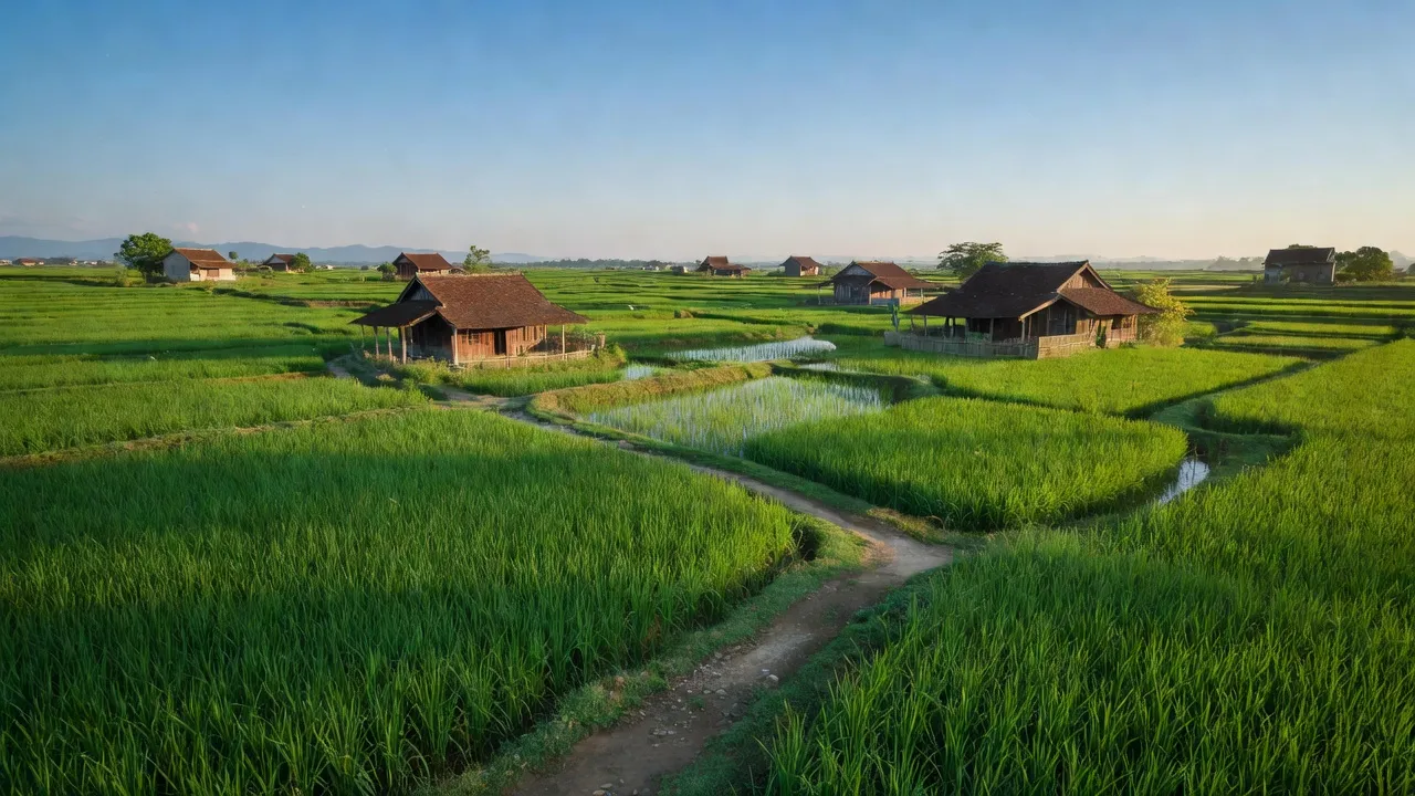 Khung cảnh nông thôn Xã Xuân Đình, huyện Phúc Thọ, với cánh đồng lúa xanh mướt và nhà truyền thống.