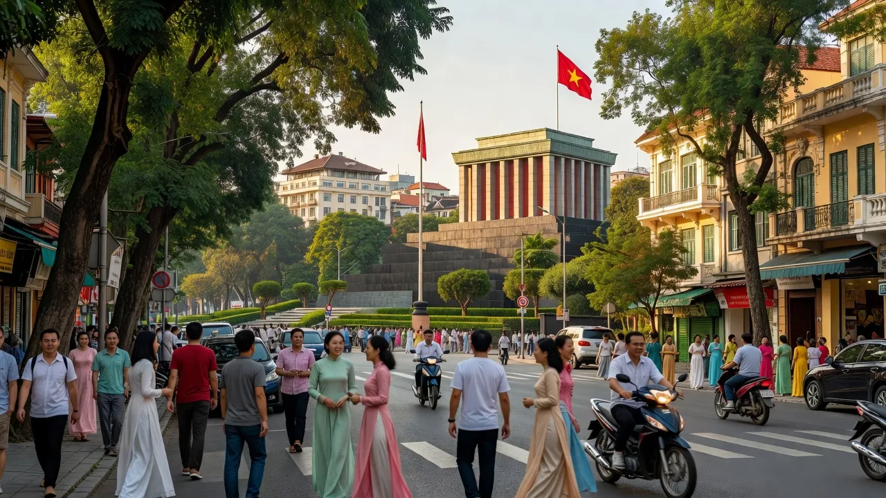 Quận Ba Đình, Hà Nội với Lăng Bác và người dân, thể hiện đời sống đô thị sôi động.