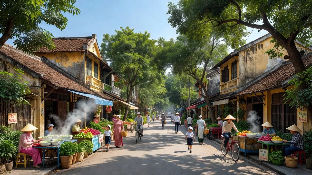 Khung cảnh đường phố Phường Cống Vị, Quận Ba Đình, Hà Nội, với kiến trúc truyền thống và cuộc sống sôi động.