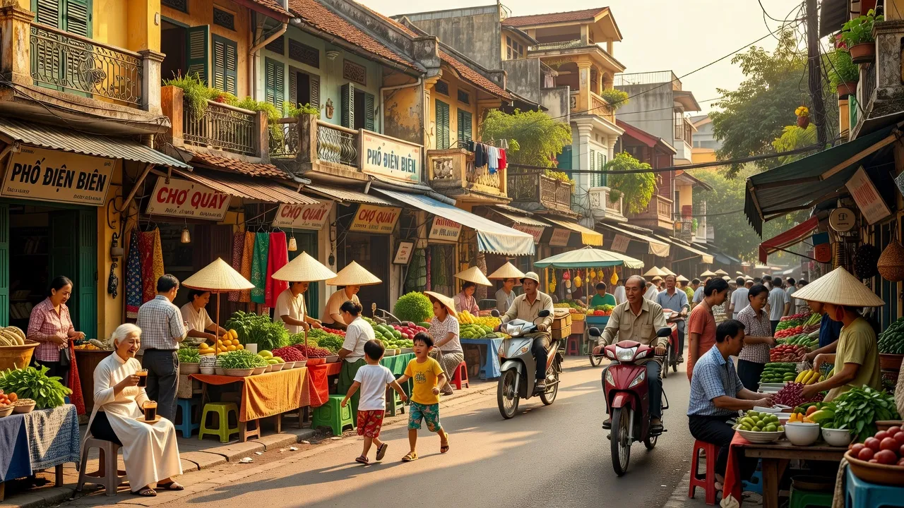 Cảnh phố sôi động tại Phường Điện Biên, Quận Ba Đình, Hà Nội với kiến trúc truyền thống và cuộc sống hàng ngày.