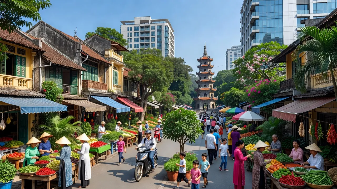 Khung cảnh sầm uất tại Phường Điện Biên, Quận Ba Đình, Hà Nội với kiến trúc truyền thống và hiện đại.