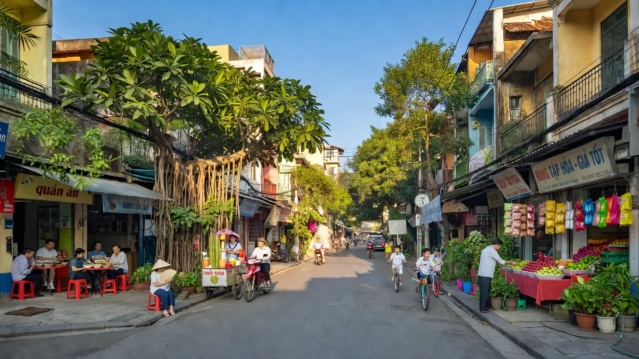 Khung cảnh Phường Đội Cấn với phố xá, cửa hàng và cây xanh ở Hà Nội.