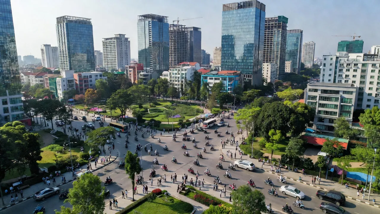 Cảnh quan Phường Liễu Giai, Quận Ba Đình, Hà Nội, với đường phố nhộn nhịp và công viên xanh.