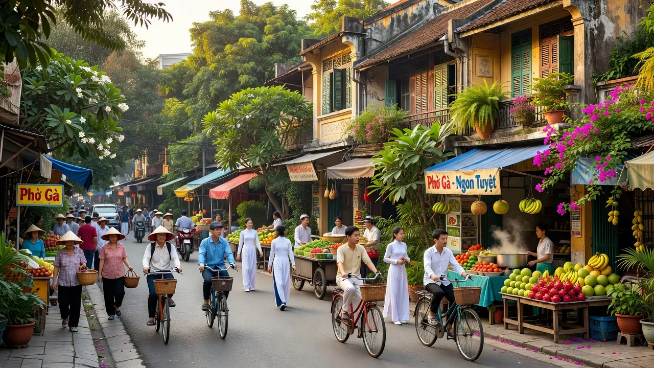Đường phố nhộn nhịp tại phường Ngọc Hà, quận Ba Đình, Hà Nội với kiến trúc truyền thống.