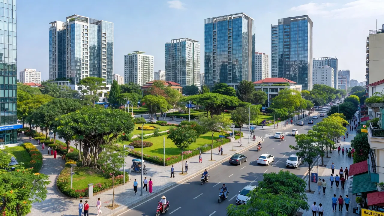 Phường Ngọc Khánh, Ba Đình, Hà Nội với tòa nhà và cây xanh trong không gian đô thị nhộn nhịp.