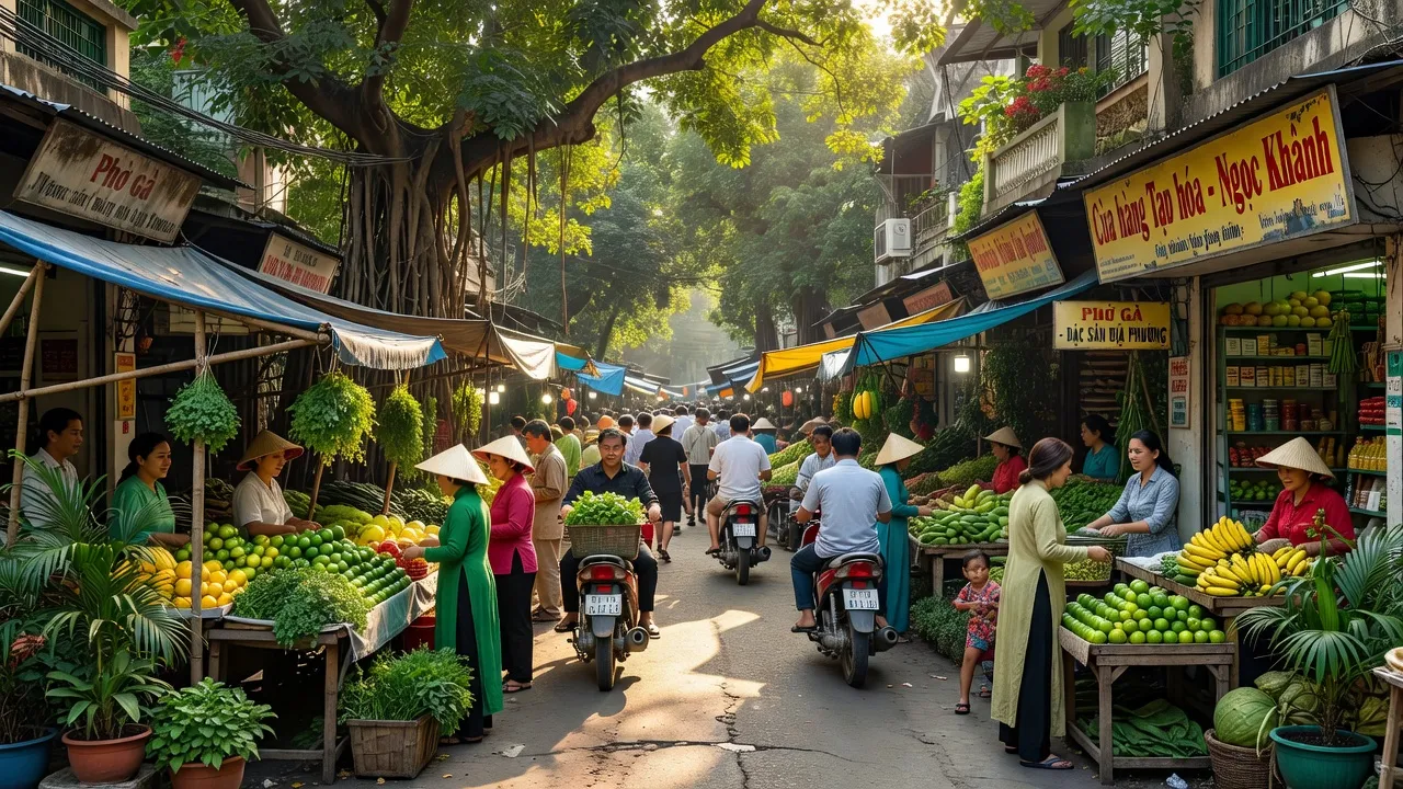 Phường Ngọc Khánh, Quận Ba Đình, Hà Nội với không khí sôi động và cửa hàng địa phương.