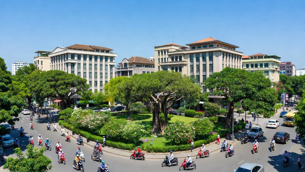 Phường Phúc Xá, Ba Đình, Hà Nội with government buildings and vibrant urban life under clear skies