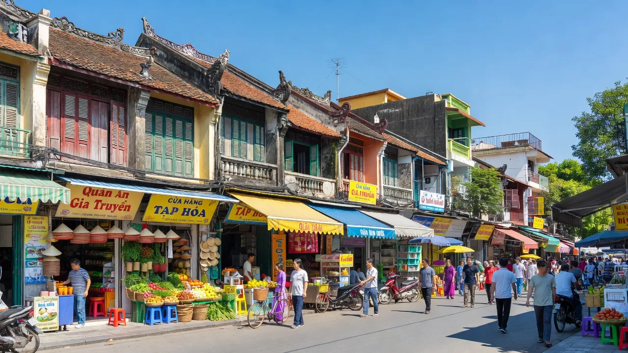 Quán Thánh, Ba Đình, Hà Nội with traditional architecture and street life, vibrant local atmosphere.