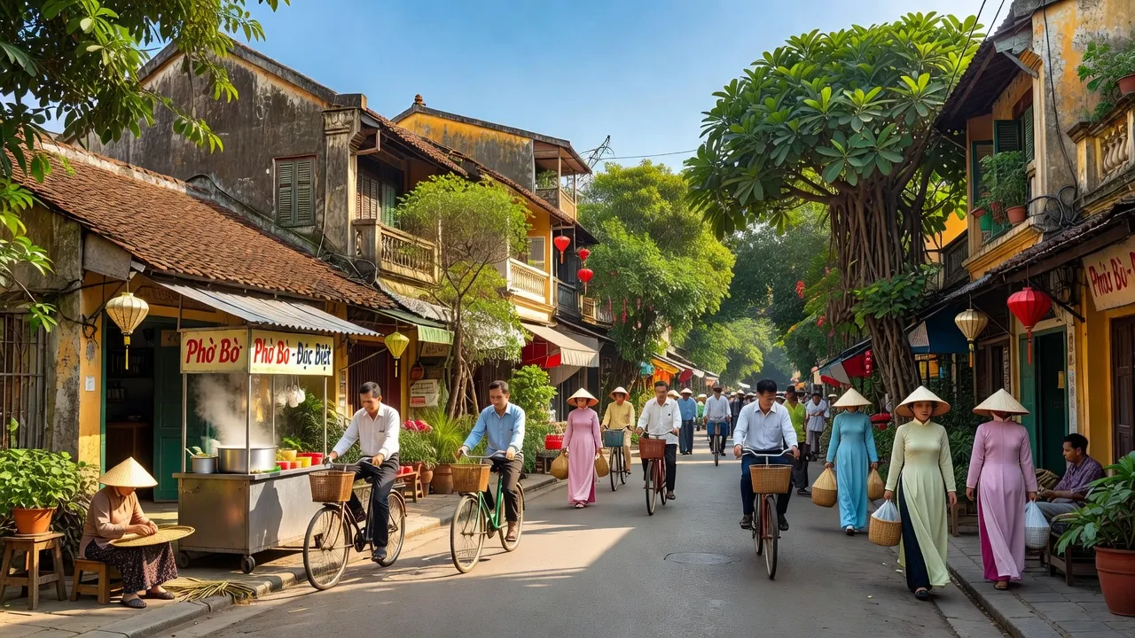 Khung cảnh yên bình tại phường Trúc Bạch, Ba Đình với nhà cổ và đường phố xanh.