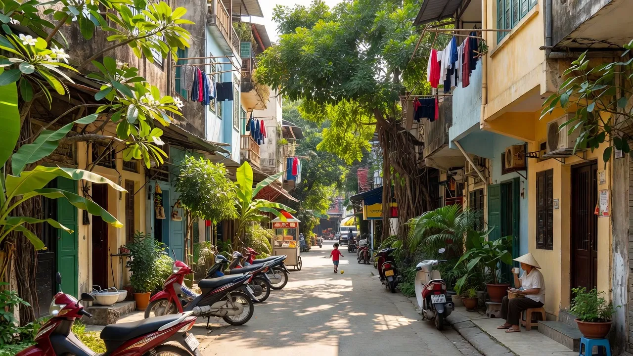 Phường Vĩnh Phúc, Quận Ba Đình, Hà Nội với ngõ nhỏ, nhà ở và cây xanh, môi trường đô thị.