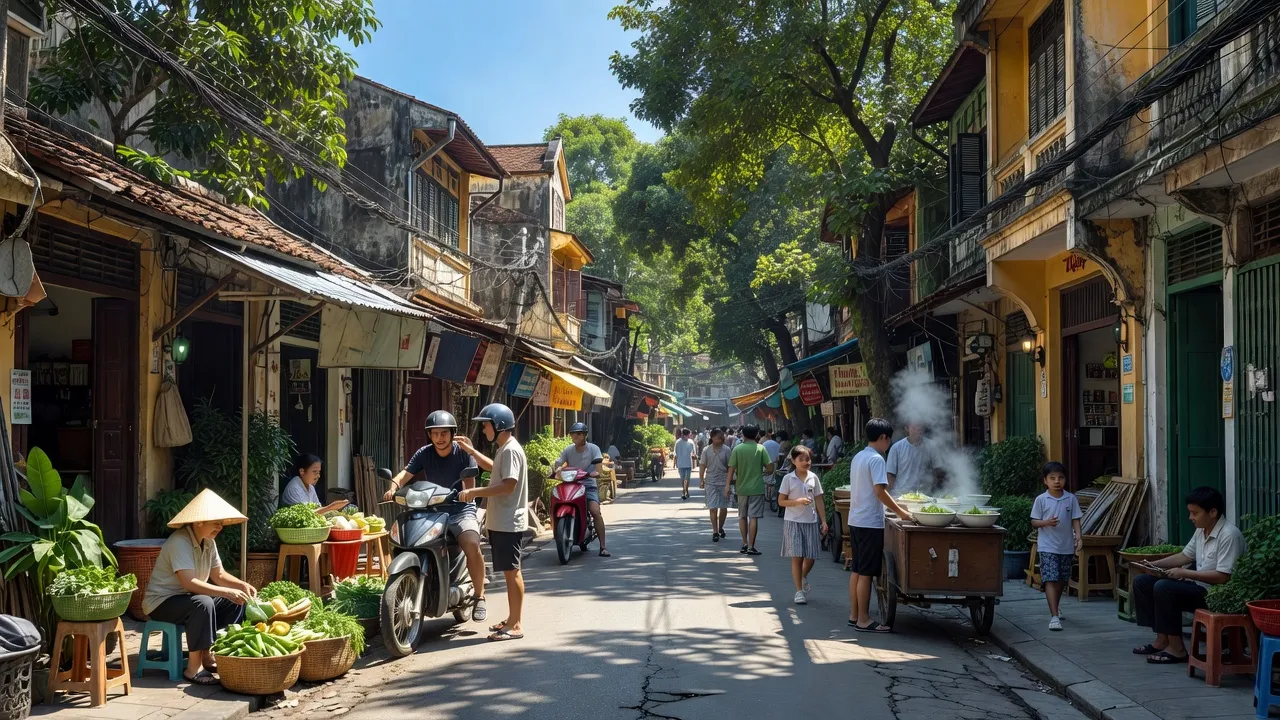 Phường Vĩnh Phúc, Quận Ba Đình, Hà Nội, với ngõ nhỏ, nhà truyền thống và cuộc sống hàng ngày sôi động.