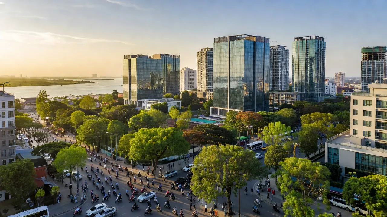Quận Bắc Từ Liêm, Hà Nội với cảnh quan đô thị hiện đại và dòng sông Hồng gần đó.
