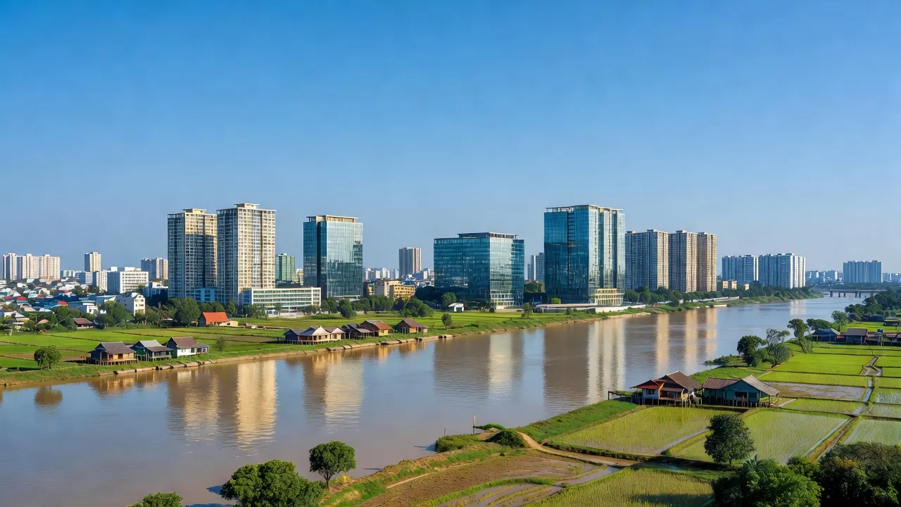 Quận Bắc Từ Liêm, Hà Nội với sông Hồng và khu đô thị hiện đại, phong cảnh xanh tươi.