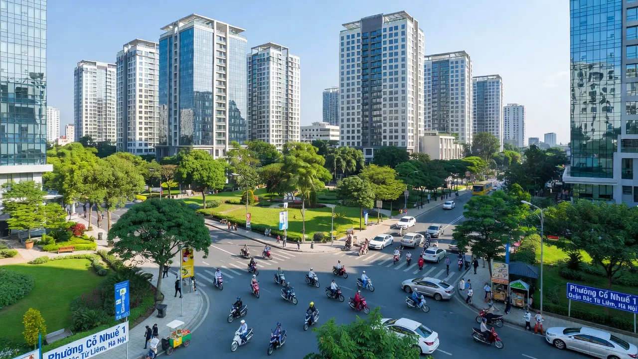 Phường Cổ Nhuế 1, Bắc Từ Liêm, Hà Nội với tòa nhà mới và cây xanh, không khí đô thị sôi động.