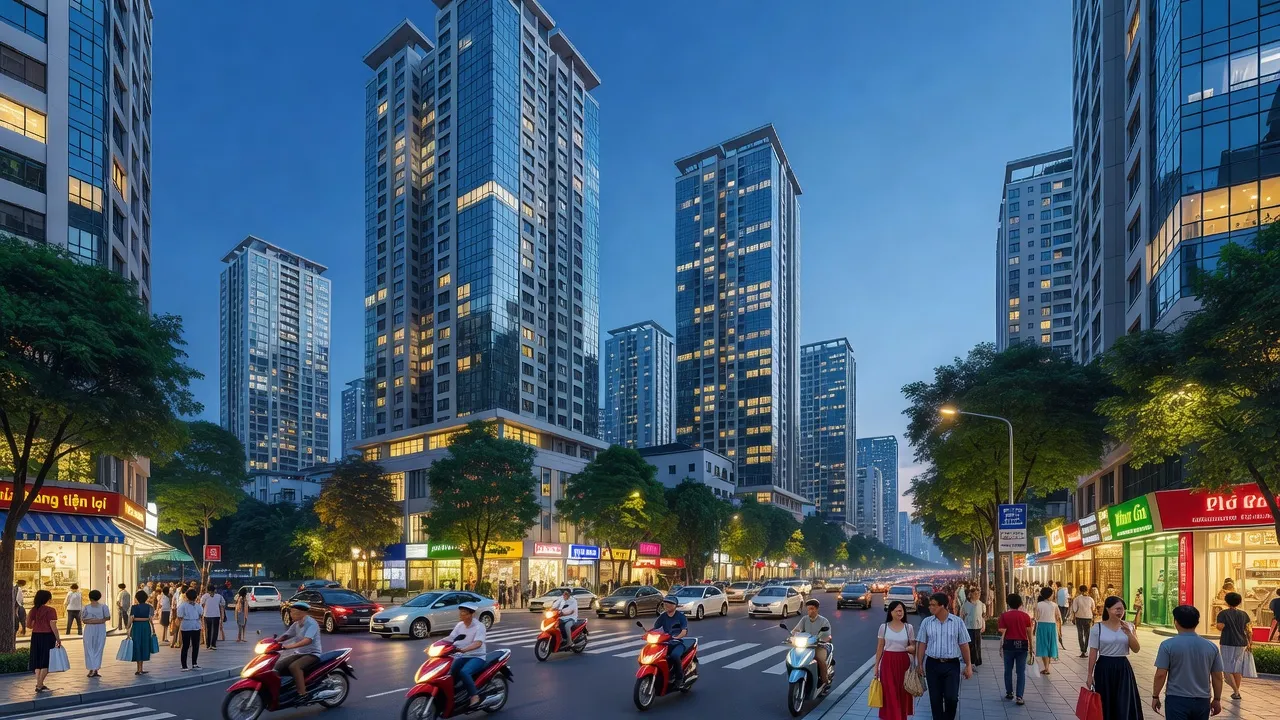 Phường Cổ Nhuế 2, Hà Nội với tòa nhà, đường phố nhộn nhịp và không khí sống động.