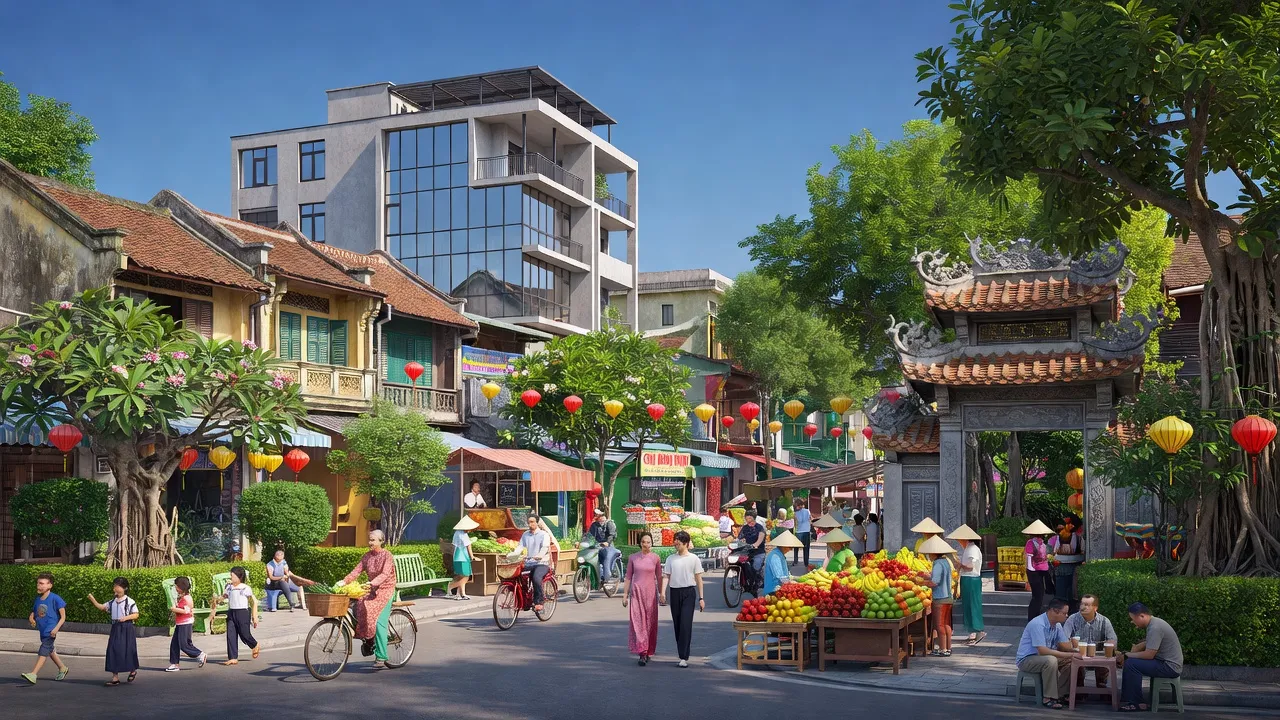 Cảnh đường phố sôi động ở Phường Đông Ngạc, Quận Bắc Từ Liêm, Hà Nội với kiến trúc hiện đại và truyền thống.