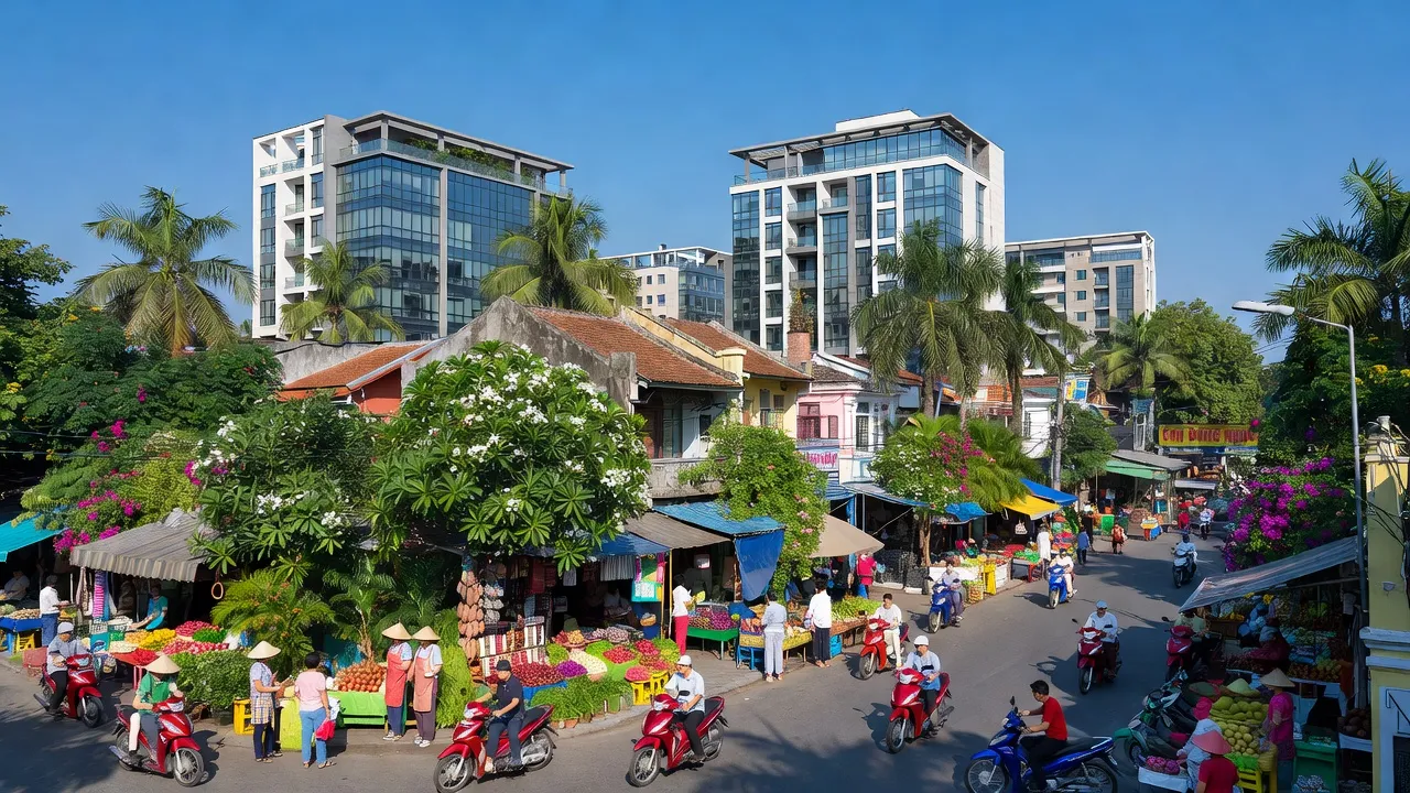 Khung cảnh nhộn nhịp ở phường Đông Ngạc, Quận Bắc Từ Liêm, Hà Nội với phát triển đô thị hiện đại.