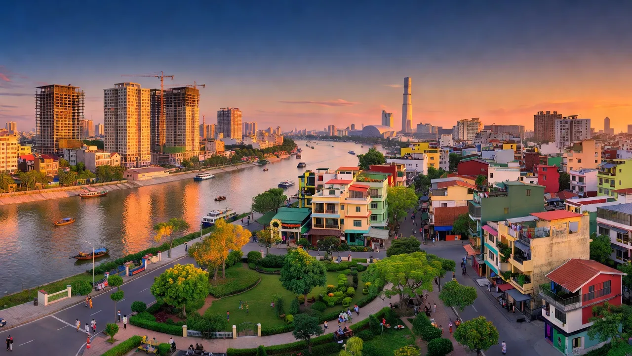 Khung cảnh đô thị tại Phường Đức Thắng, Quận Bắc Từ Liêm, Hà Nội với sông Hồng và khu dân cư.