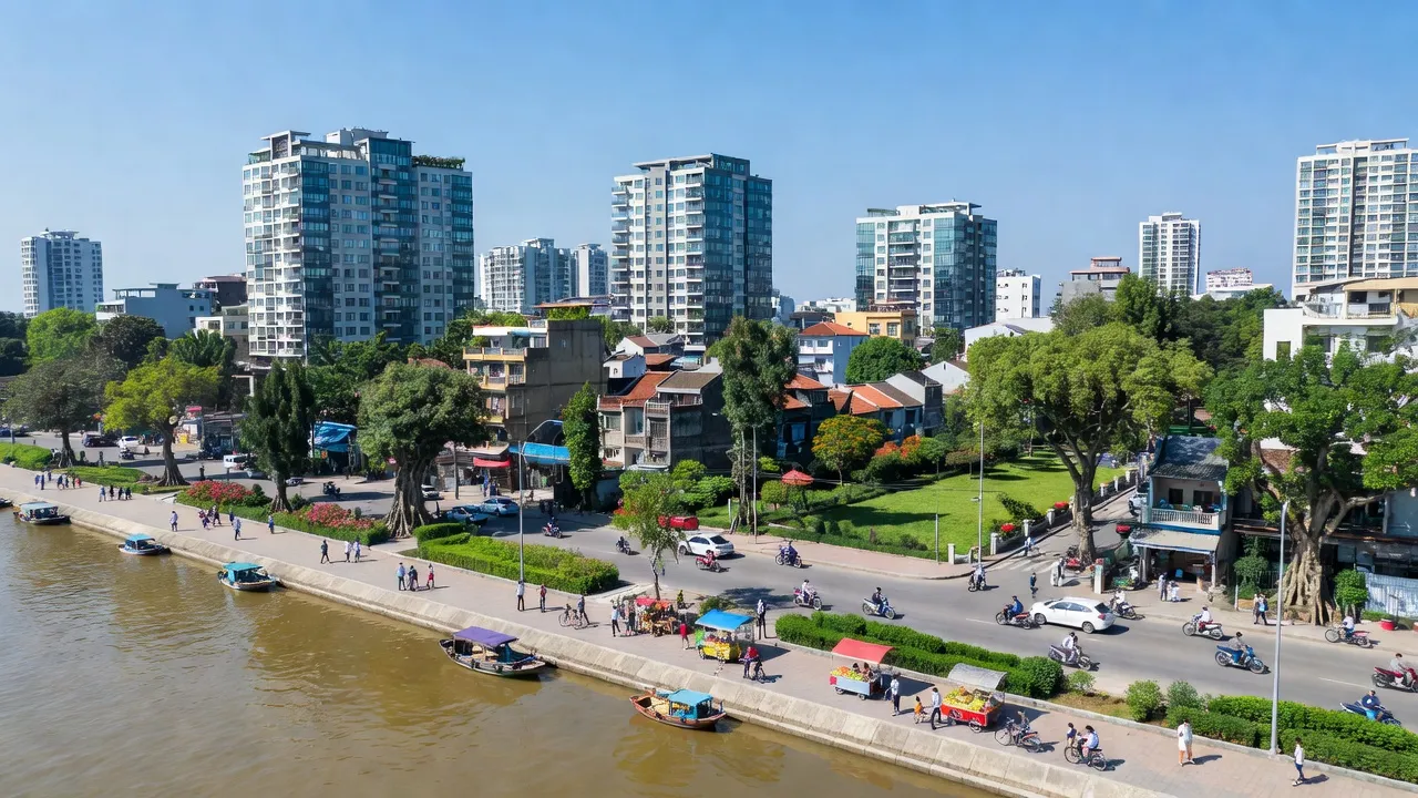 Khung cảnh Phường Đức Thắng, Quận Bắc Từ Liêm, Hà Nội với sông Hồng và kiến trúc hiện đại.
