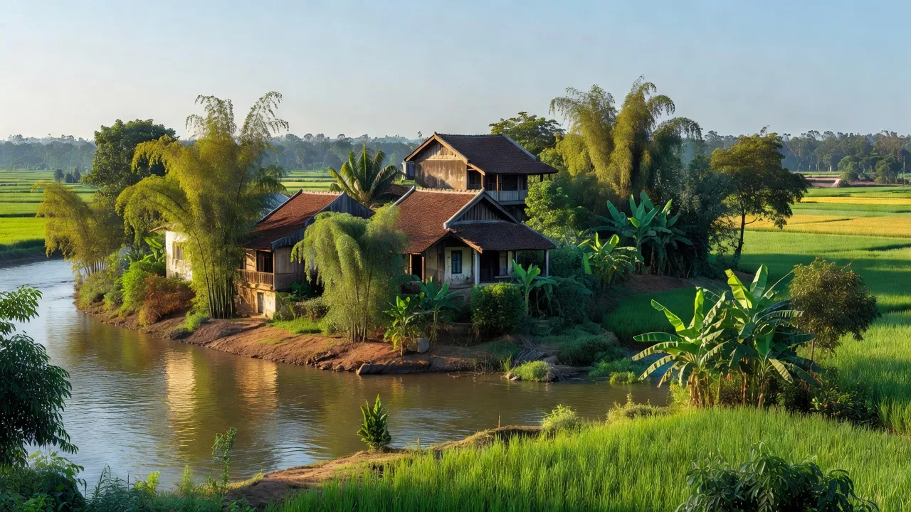 Phong cảnh Liên Mạc, Bắc Từ Liêm, Hà Nội với sông Hồng và nhà truyền thống Việt Nam