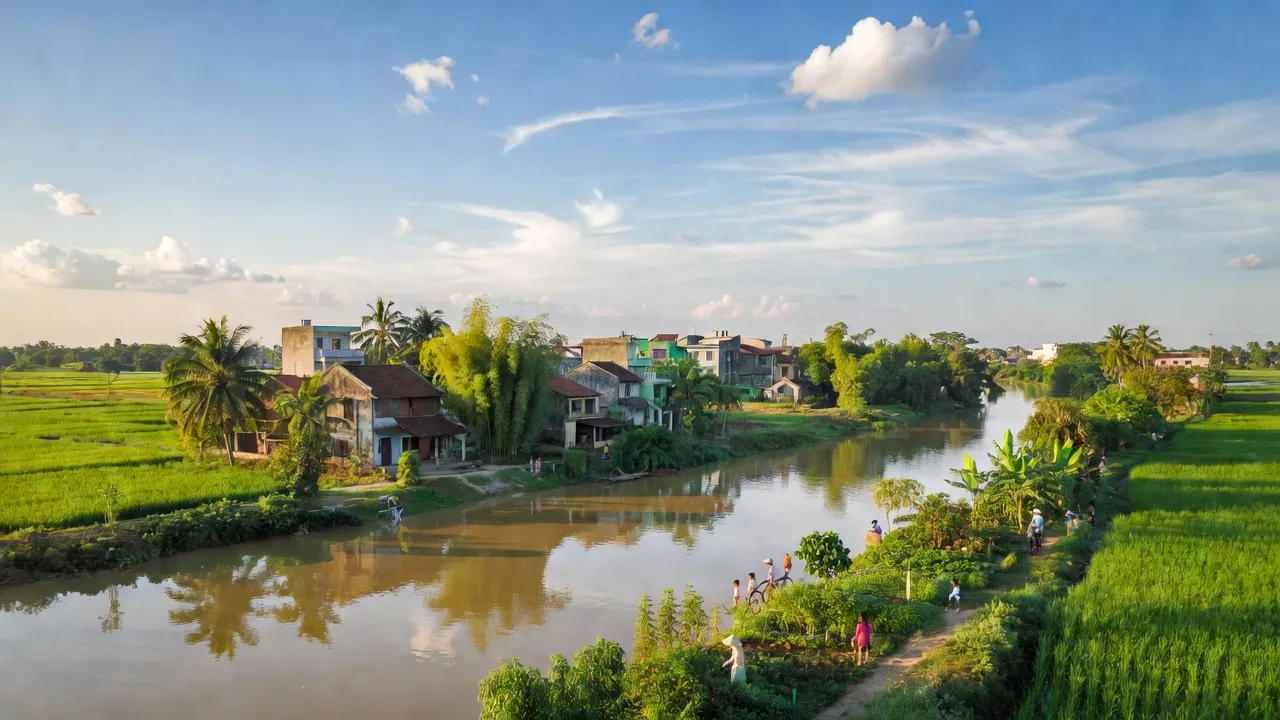 Phong cảnh Phường Minh Khai, Quận Bắc Từ Liêm, Hà Nội với bầu trời xanh và sông Hồng.