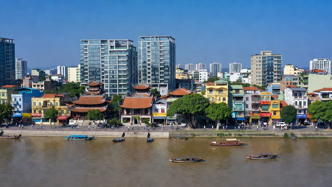 Cảnh quan Phường Phúc Diễn, huyện Bắc Từ Liêm, Hà Nội với sông Hồng, kiến trúc cổ điển và hiện đại.
