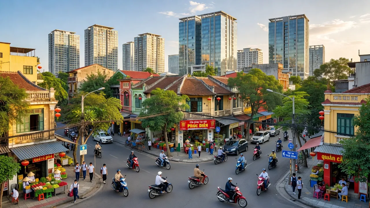 Khung cảnh Phường Phúc Diễn, Bắc Từ Liêm, Hà Nội với kiến trúc hiện đại và cây xanh.