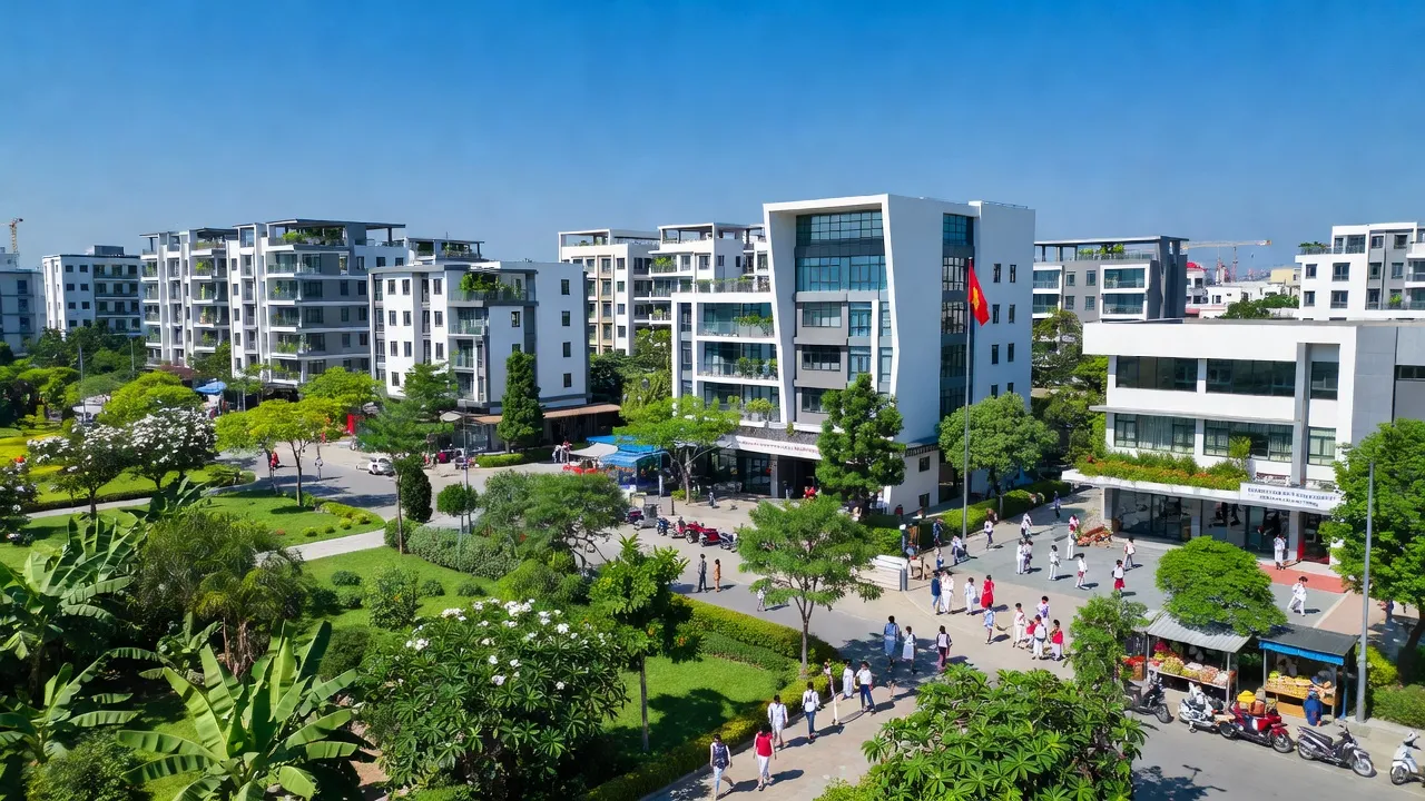 Khung cảnh phường Tây Tựu, Quận Bắc Từ Liêm, Hà Nội, với nhà ở và hoạt động hành chính.