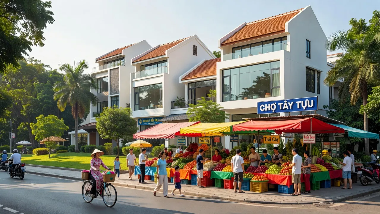Khung cảnh sôi động tại Phường Tây Tựu, Quận Bắc Từ Liêm, Hà Nội với hoạt động người dân.