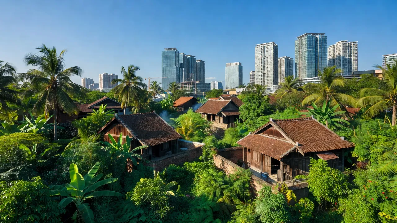 Phong cảnh phường Thượng Cát, Bắc Từ Liêm, Hà Nội với không gian xanh tươi và nhà truyền thống.