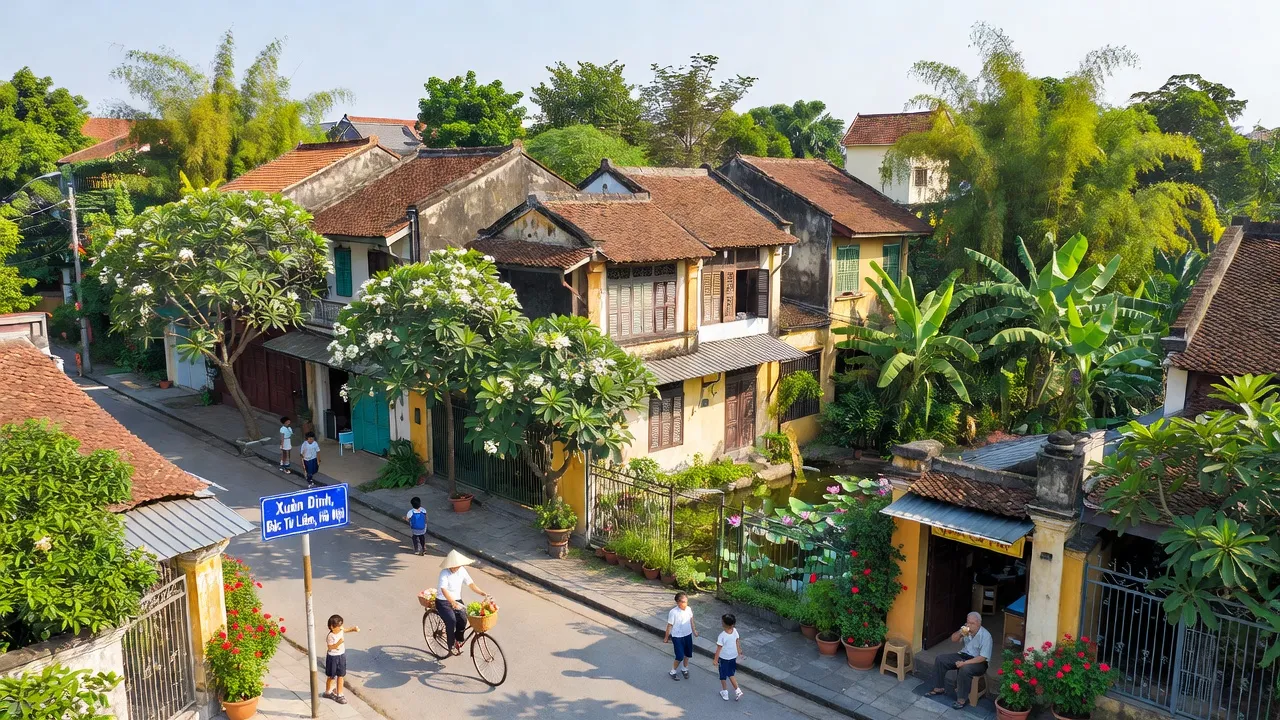 Phường Xuân Đỉnh, Quận Bắc Từ Liêm, Hà Nội với cảnh quan yên bình và nhà cửa truyền thống.