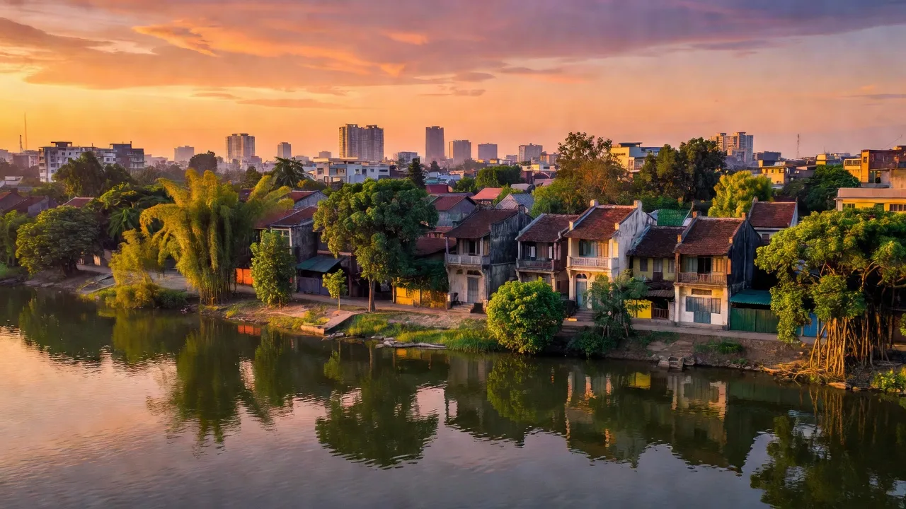 Khung cảnh yên bình của phường Xuân Tảo bên sông Hồng, Hà Nội với nhà truyền thống và cây xanh.