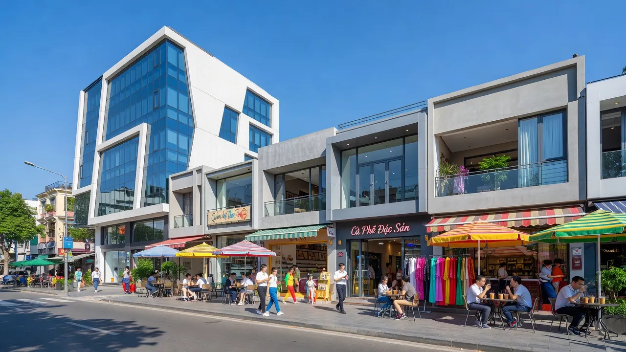 Khung cảnh nhộn nhịp tại quận Cầu Giấy, Hà Nội với kiến trúc hiện đại và không khí sôi động.